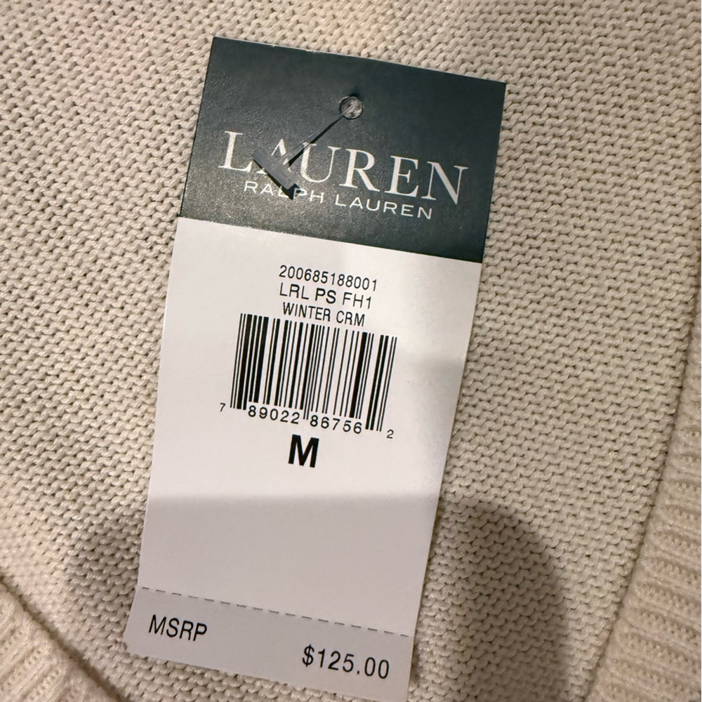 Lauren Ralph Lauren Knit Sweater Cream Navy Cotton Size M Preppy Coastal NWT - Picture 8 of 9
